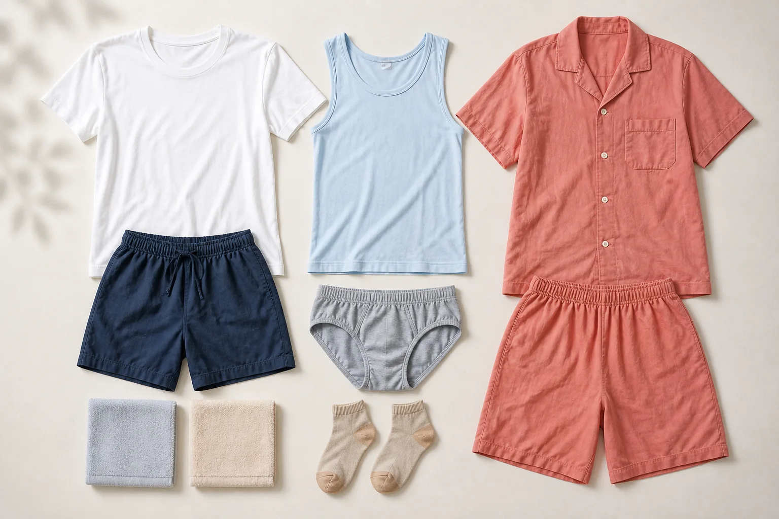Tシャツ、肌着、短パン、下着、タオル、靴下、夏用パジャマを並べた夏の1日分の洗濯物