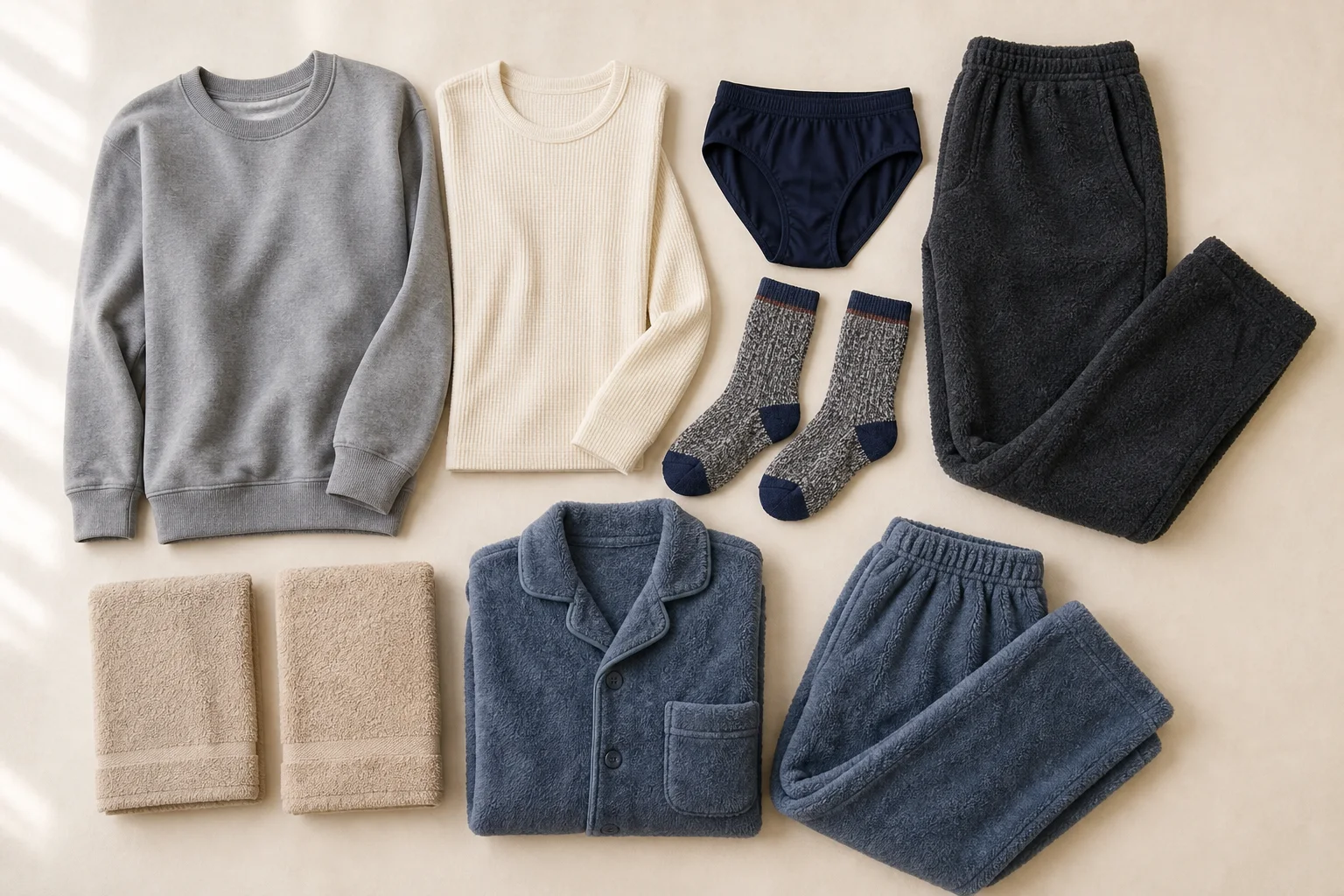 スウェット、保温肌着、厚手のパンツ、下着、タオル、靴下、冬用パジャマを並べた冬の1日分の洗濯物