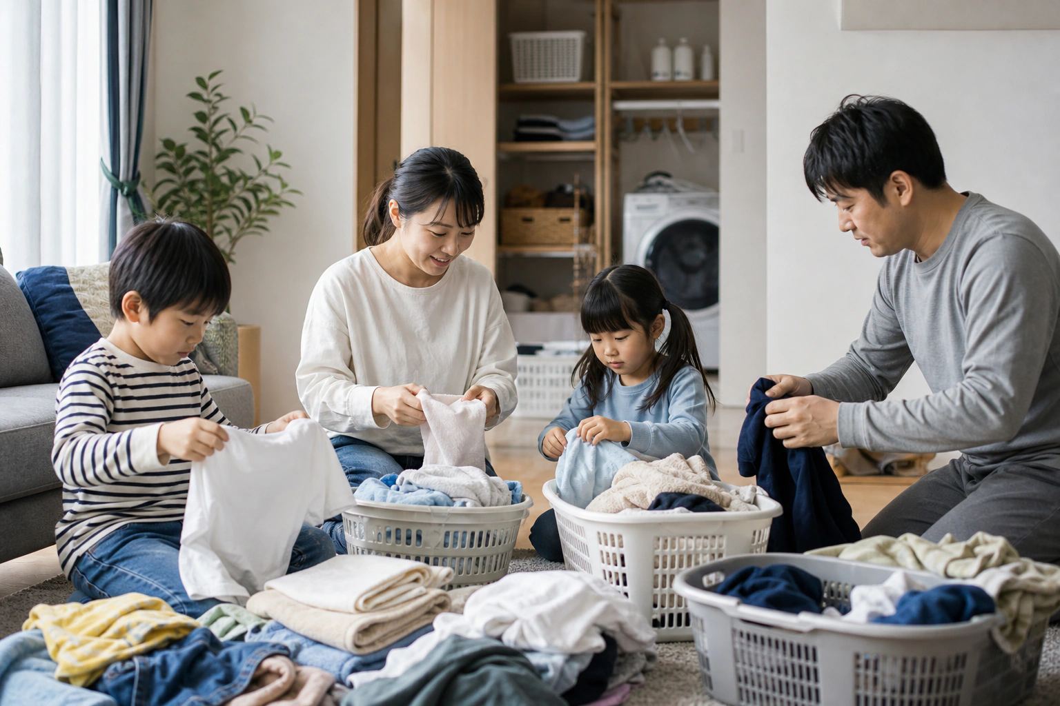 大人2人と子ども2人が複数の洗濯かごを囲み、家族分の衣類を畳んでいる様子