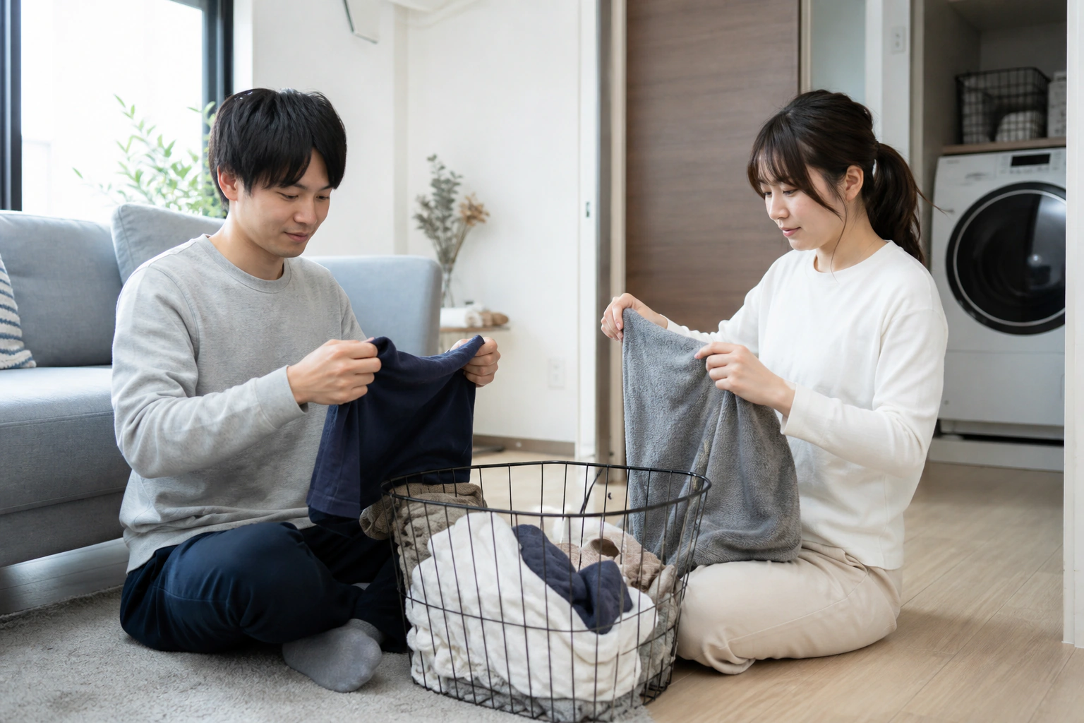 大人2人が1つの洗濯かごに入った衣類やタオルを一緒に畳んでいる様子